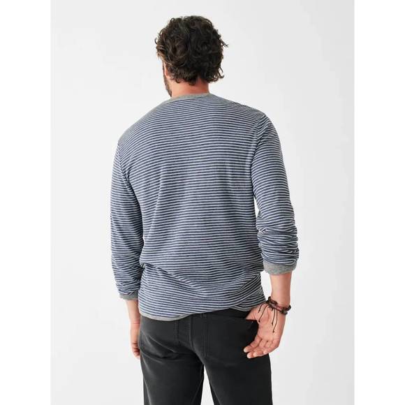 NEW FAHERTY cloud reversible crew shirt in medium grey heather / navy cream stri - Picture 4 of 6